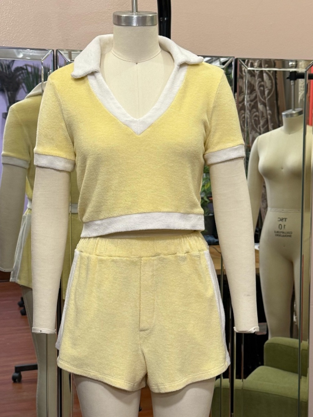 Reformation Walden Organic Cotton Terry Cloth Shorts and Cropped Polo Set Yellow
